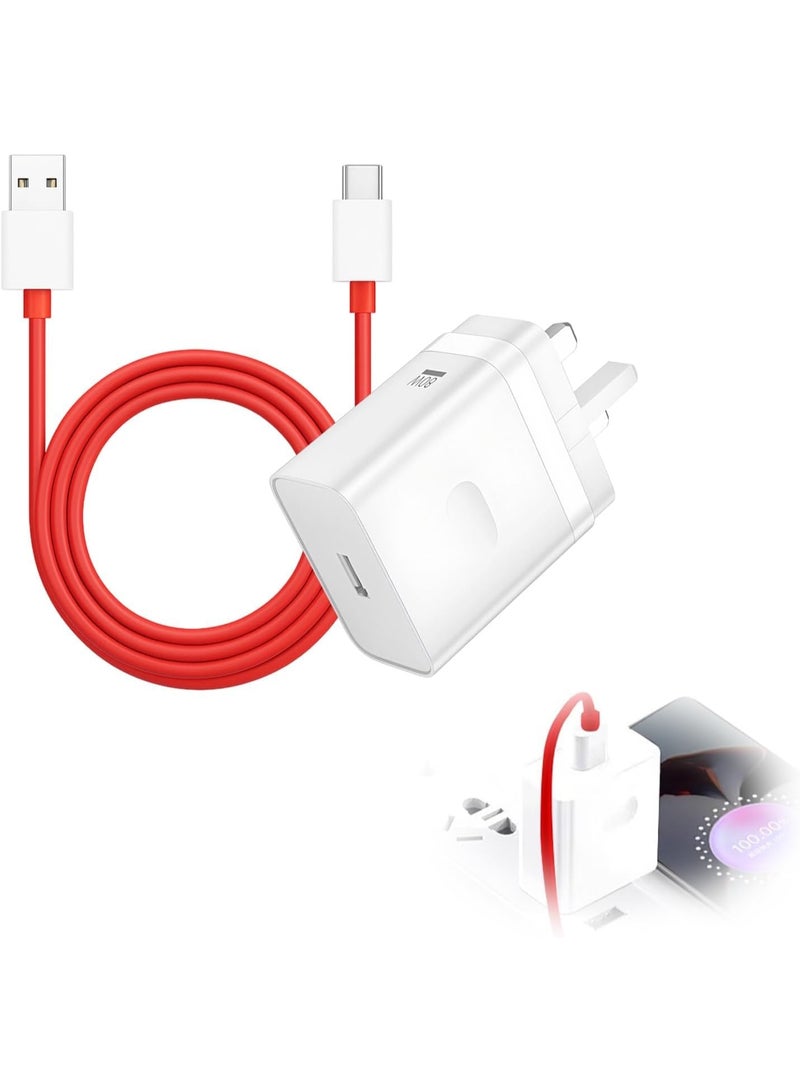 80W Warp Charger Replacement for OnePlus/Realme/Oppo, for OnePlus 15/14/13R/13/12R/12/11/10/Nord 2 5G/9 Pro/9RT/9/9R/8T/Realme, 10V 6.5A Fast Charging Adapter with 3.3ft USB-C Cable - Image 1